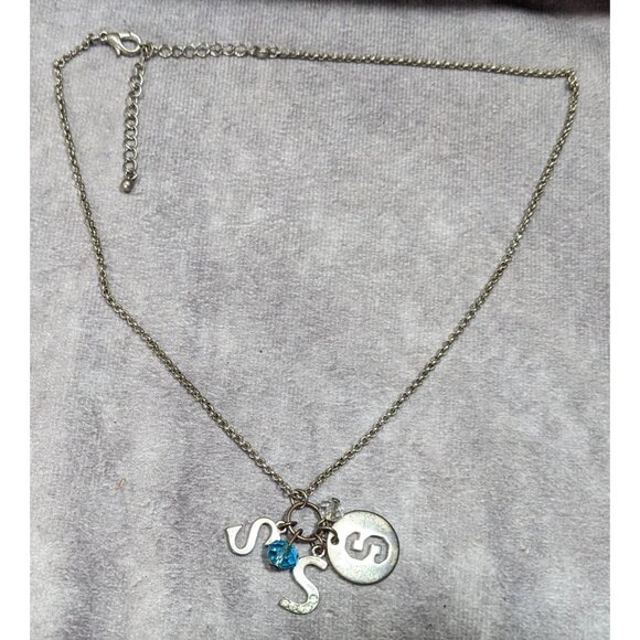 S Initial Charm Necklace Silver Tone With Blue Bead Accent - Picture 5 of 5